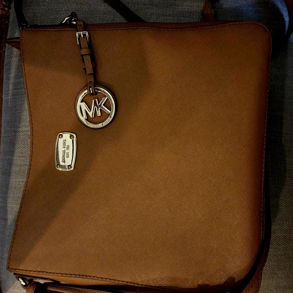 Michael Kors Tan Leather Messenger Crossbody with MK Charm GUC